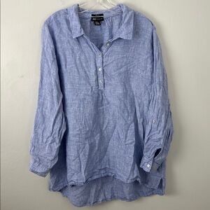 JNY 100% Linen Popover Top High Low